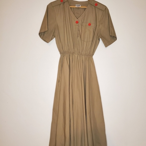 Revolution Muse Army-Influenced Dress with Pocket, Gathered Waist & Red Buttons - Picture 10 of 16